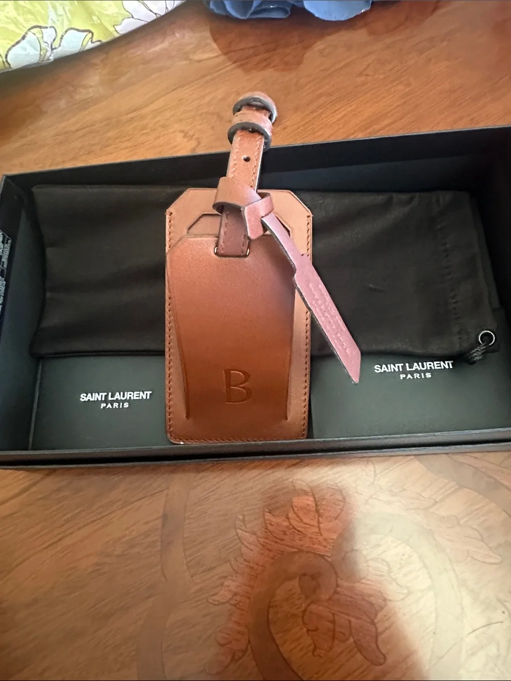Saint Laurent Brown Monogram Leather Luggage Tag with Tan Strap